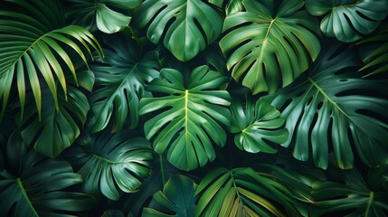 Close-up of lush green monstera leaves overlapping each other, creating a dense foliage pattern, symbolizing tropical nature and indoor plant beauty.