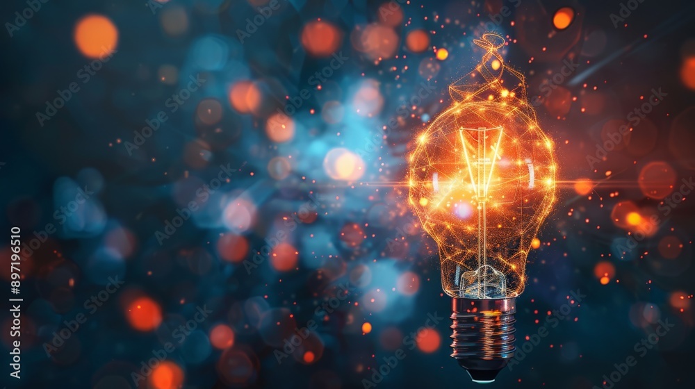 Poster Bright light bulb symbolizing creativity and ideas with a bokeh background. Ideal for concepts of innovation, inspiration, and technological advancement.