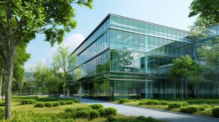 Fototapeta premium Eco-friendly glass office featuring sustainable building with green environment and trees. Green environment in city