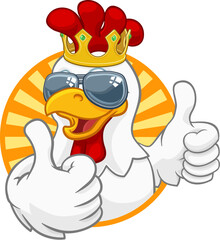 A chicken rooster cockerel bird cartoon character in a kings gold crown and cool shades or sunglasses giving a double thumbs up