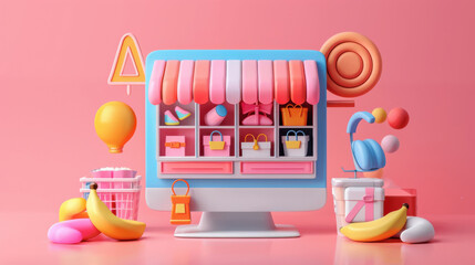 A vibrant online shopping scene with a computer screen styled as a digital storefront, surrounded by shopping items and colorful decorations, symbolizing the convenience and excitement of e-commerce.