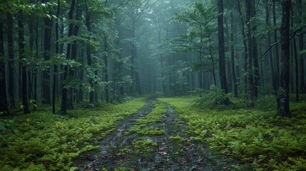 A misty forest trail leads into the dense, green woods, providing a tranquil and mysterious atmosphere perfect for outdoor exploration and adventure.