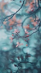 Pink flowers on a branch with water droplets