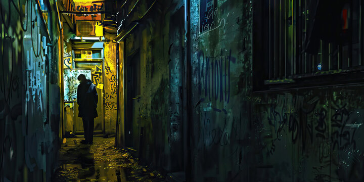 Defector's Tale: A North Korean refugee hiding in a dark alley, their story told in graffiti on the walls around them.