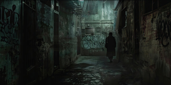 Defector's Tale: A North Korean refugee hiding in a dark alley, their story told in graffiti on the walls around them.