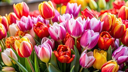 Fototapeta premium Close up shot of vibrant tulip flowers, tulips, petals, spring, blooming, close-up, macro, colorful, nature, garden, flora