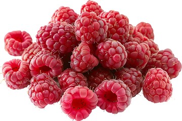 A vibrant heap of raspberries, viewed from the top, with their detailed texture and rich red color,...