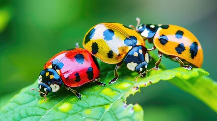 Brightly colored ladybugs on a green leaf, with a blurred background.