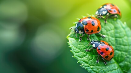 Obraz premium Brightly colored ladybugs on a green leaf, with a blurred background.