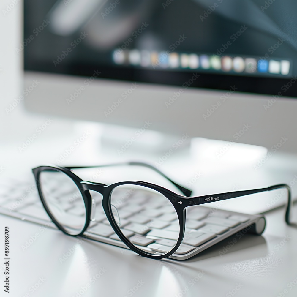 Aufkleber eyeglasses rest on a white keyboard in front of a blurry computer screen. generative ai