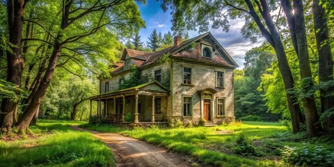 Fototapeta premium An old abandoned house surrounded by green trees in the park, park, trees, abandoned, old, house, nature, outdoor