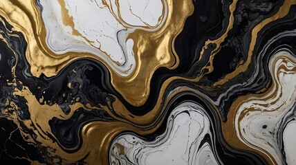 Luxury Black Marble Abstract Gold and White Fluid Art. Modern Ink and Watercolor Design with Textured Paint Pattern for an Elegant, Nature-Inspired Wallpaper.