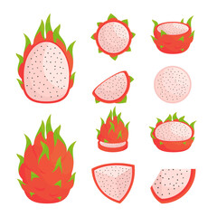 Set cartoon whole and ripe dragon fruit illustration