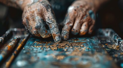 Close-up of paint-covered hands working on a textured surface, rich with colors and textures,...