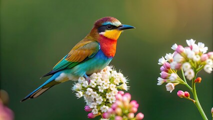 Obraz premium of a colorful bird perched on a delicate flower, bird, flower,nature, wildlife, fauna, design, artistic, vibrant, colorful