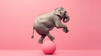 A large elephant balances on a pink ball in front of a pink background.