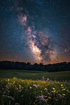 Night sky full of stars over a quiet meadow