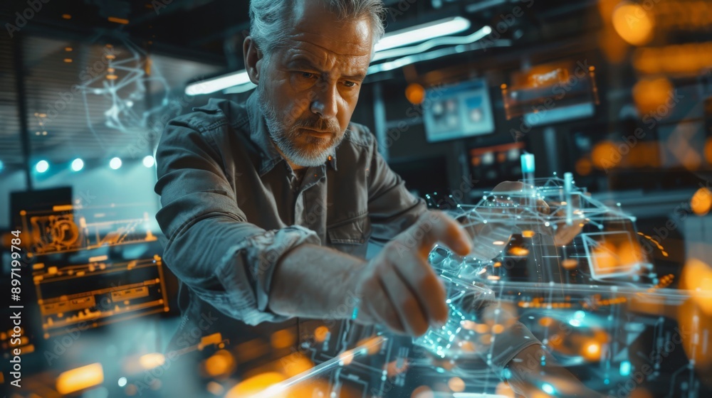 Aufkleber focused engineer working on a futuristic digital interface in a high-tech environment. advanced tech