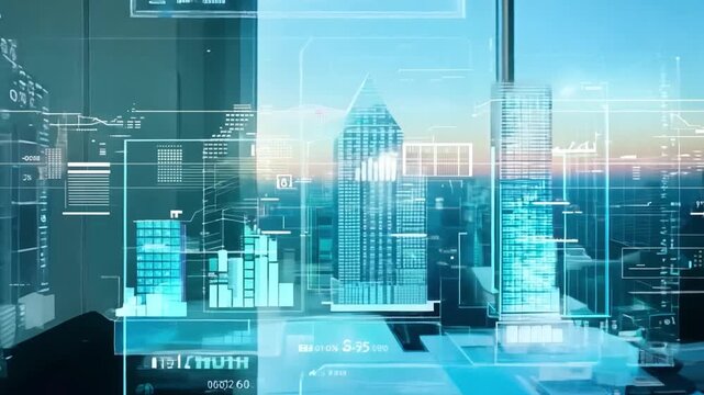 A businessman wearing a VR headset interacts with holographic city data projections while sitting at a desk overlooking the cityscape.