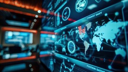 Global business data and analytics displayed digitally with american flag, reflecting international trade and economic patterns
