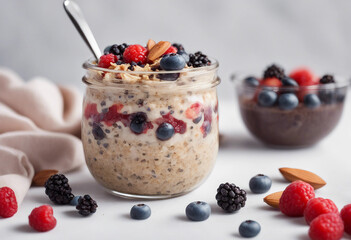 A bowl of overnight oats topped with fresh berries, chia seeds, and almond butter on a white background
