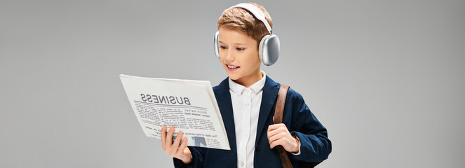Young boy in elegant attire, wearing headphones, engrossed in reading newspaper.