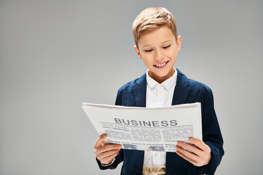 Preadolescent boy in elegant suit, engrossed in reading a newspaper. - Powered by Adobe