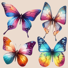set with a variety of bright butterflies in a watercolor style