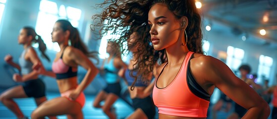 Side view of a vibrant fitness community, diverse group in mid-workout session, energetic movements, gym setting, photorealistic details, bright lighting, sense of camaraderie and motivation., 