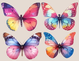 set with a variety of bright butterflies in a watercolor style