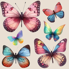 set with a variety of bright butterflies in a watercolor style
