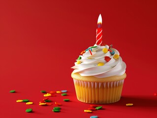 Delicious cupcake with pink frosting, colorful sprinkles, and a single candle on a vibrant red background. Perfect for birthday celebrations or romantic Valentine&rsquo;s Day moments