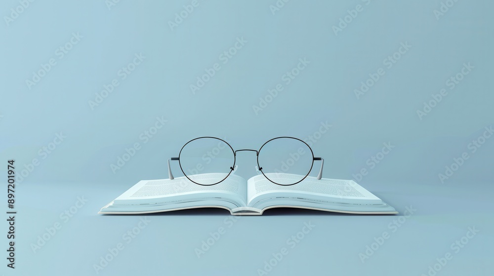 Poster round eyeglasses rest on an open book against a pale blue background. generative ai