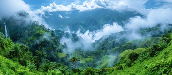 Fototapeta premium Misty Mountain Landscape with Lush Green Vegetation