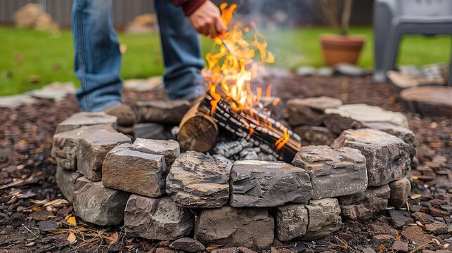 DIYer creating a backyard fire pit with bricks and stones, representing outdoor improvement and social spaces