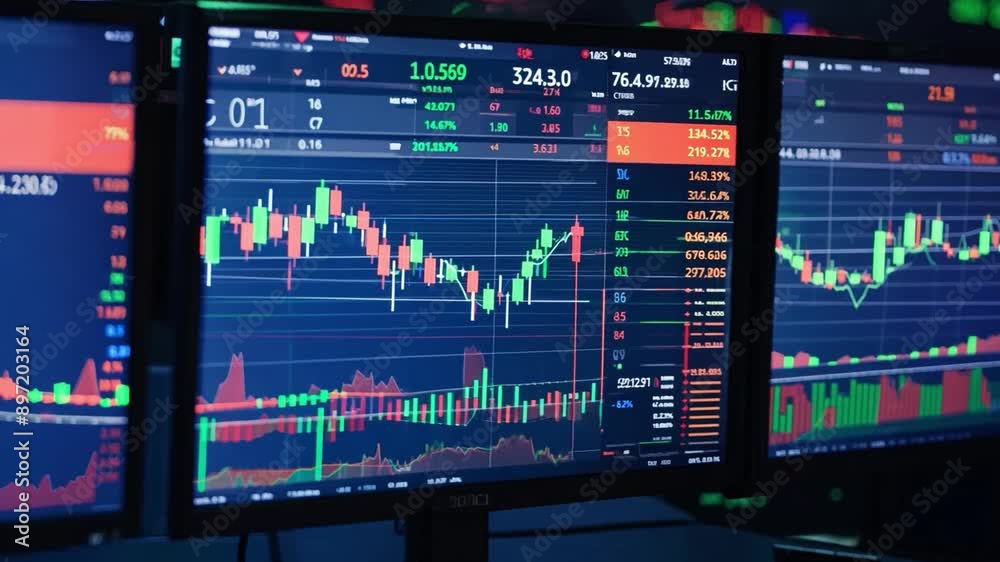 Poster close-up shot of a row of computer monitors displaying stock market charts and data, with a focus on
