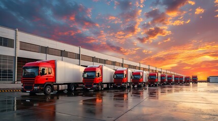 Red trucks lined up at warehouse with colorful sky background.
