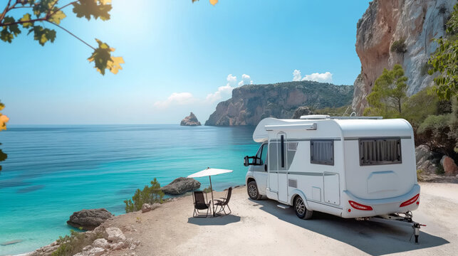 Scenic coastal view with camper van parked by the sea.