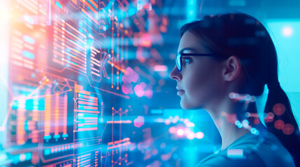 a woman engaging with AI-driven digital interfaces, showing complex data visualizations and interconnected network systems. The backdrop includes abstract technological elements, h