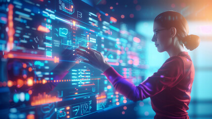 a tech-savvy woman manipulating virtual screens with her hands, surrounded by digital data and futuristic icons. The setting features a sleek, modern virtual environment with vibra