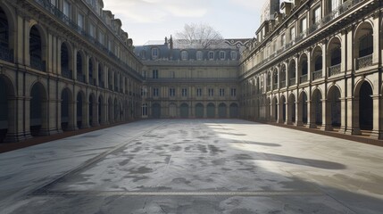 Obraz premium Empty fencing arena decorated for the Paris Olympics, with historic Parisian buildings nearby.