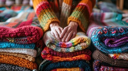 Individual knitting or crocheting blankets for charity, highlighting the community aspect of DIY projects