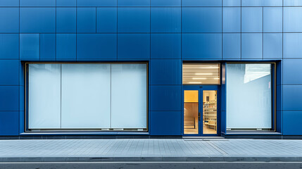 Blank store facade with large windows and blue panels.