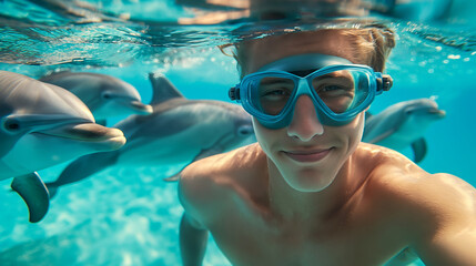 Naklejka premium Underwater selfie of a person with dolphins in clear blue water.