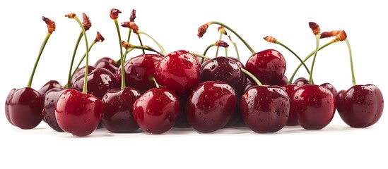 A close-up of a heap of red cherries from the side, set against a transparent background. The cherries' rich red color and natural shine are captured in stunning detail.