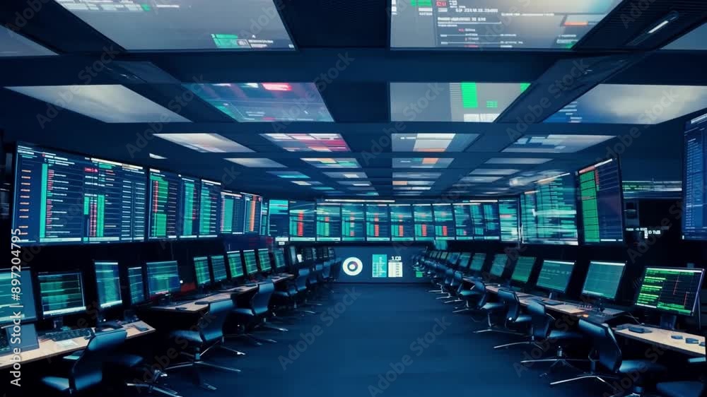 Poster a long, narrow room filled with rows of computer workstations, each equipped with a monitor displayi
