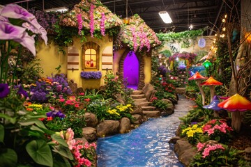An interior room bursting with a diverse collection of numerous flowers and plants, Fantasy fairy garden with delightful and vibrant colors for a birthday theme, AI Generated