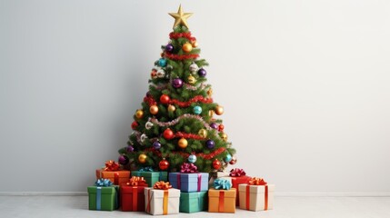 Festively decorated Christmas tree with colorful presents 