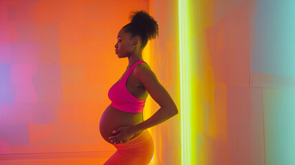 Pregnant woman in activewear standing against neon-lit wall.