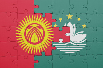 puzzle with the colourful national flag of kyrgyzstan and flag of Macau .